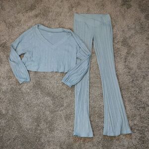 Gilly Hicks Light Blue Ribbed Flared Leggings Lounge Wear Sweater Set Sz XS